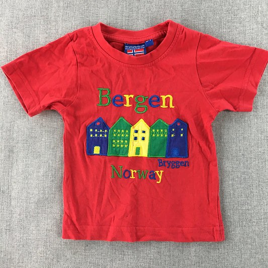 Vintage Bergen Norway Baby T-Shirt Size 0 - 1 Year Red Embroidered Top