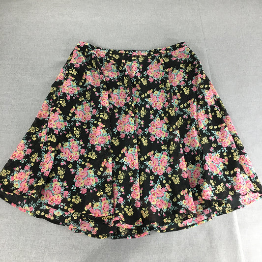 Honey Womens Skirt Size 34 (AU 12 - 14) Black Pink Floral A-Line