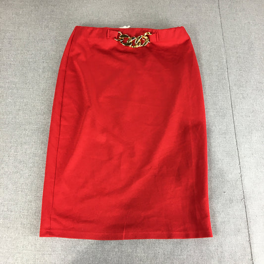 NEW Valleygirl Womens Midi Skirt Size M Red Gold Buckle Straight