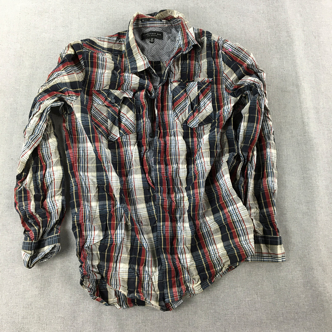 Twenty One Men Shirt Size M Grey Red Checkered Button-Up Pockets