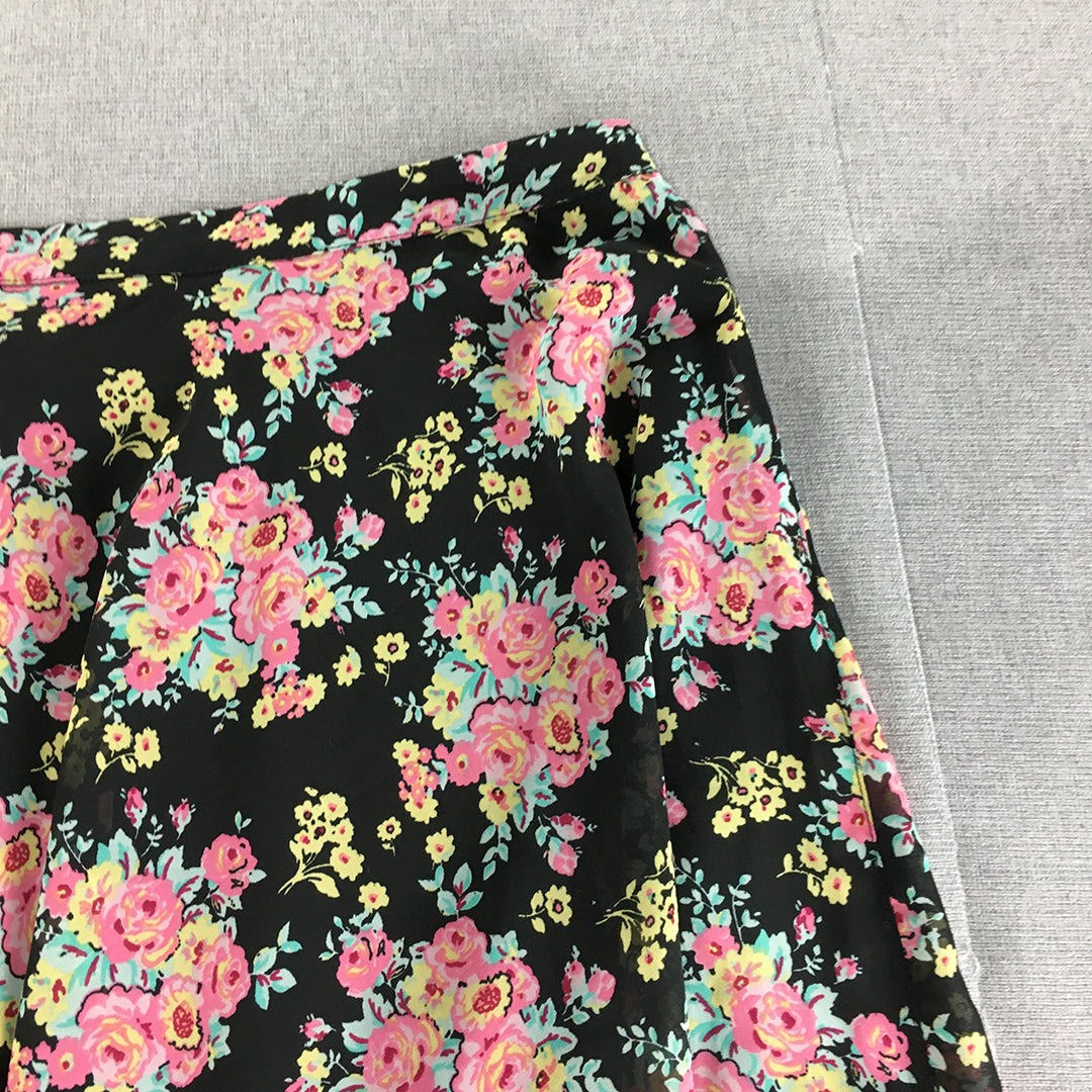 Honey Womens Skirt Size 34 (AU 12 - 14) Black Pink Floral A-Line