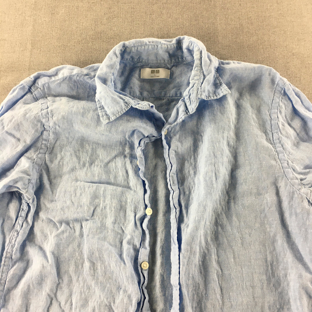 Uniqlo Mens 100% Linen Shirt Size L Blue Button-Up Long Sleeve Collared