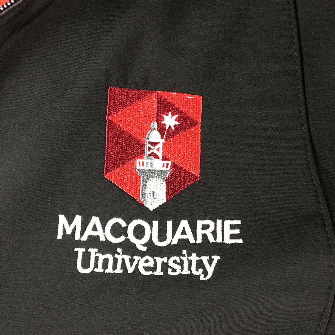 Macquarie University Womens Jacket Size 8 Black Softshell Zip-Up Windbreaker