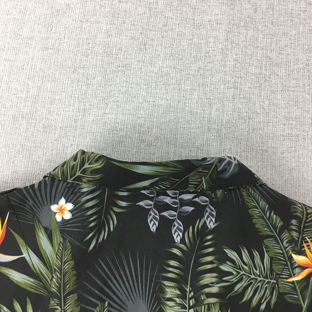 Boohoo Man Hawaiian Shirt Size L Black Green Palm Floral Short Sleeve Button-Up