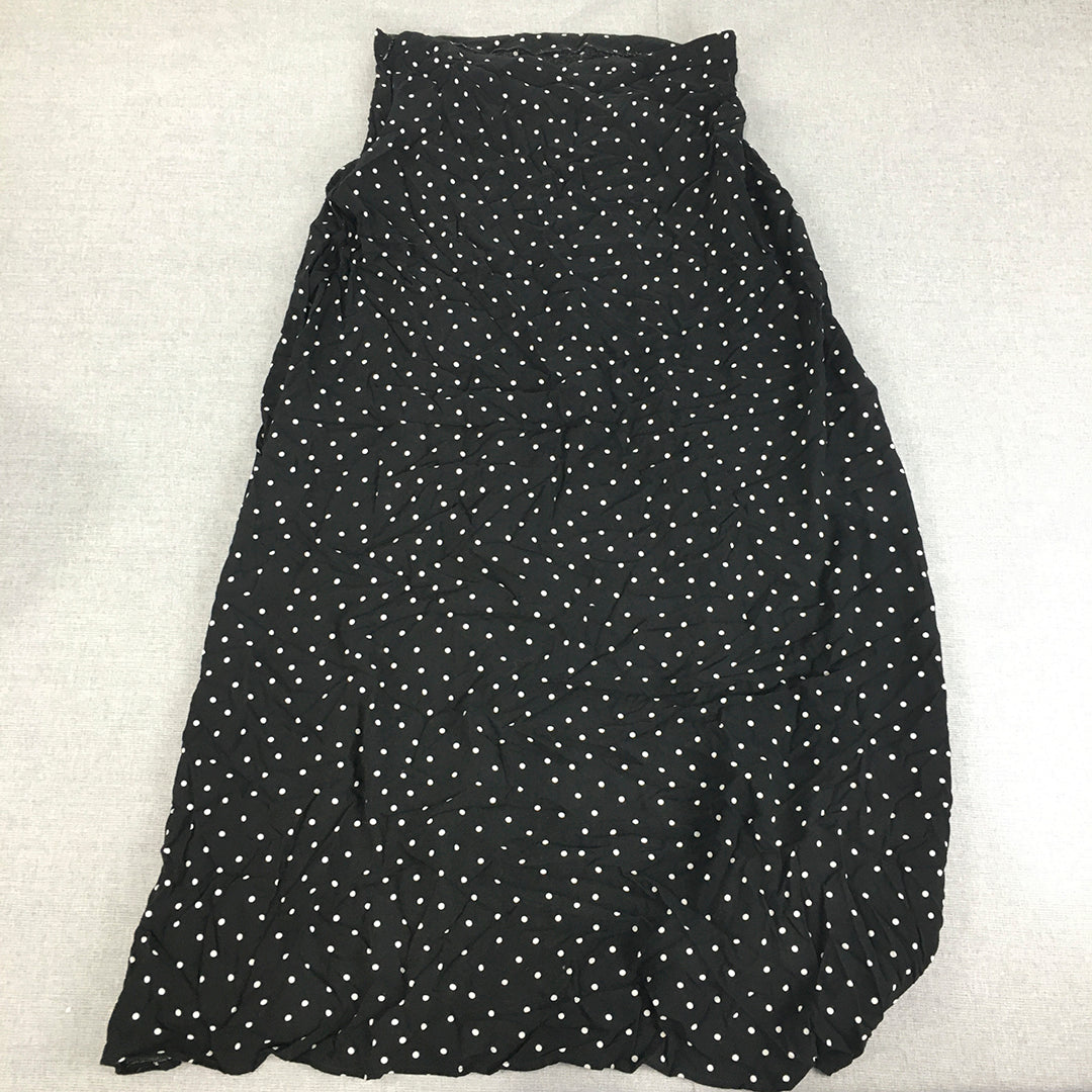 Atmos & Here Womens Maxi Skirt Size 14 Black Elastic Waist Polka Dot