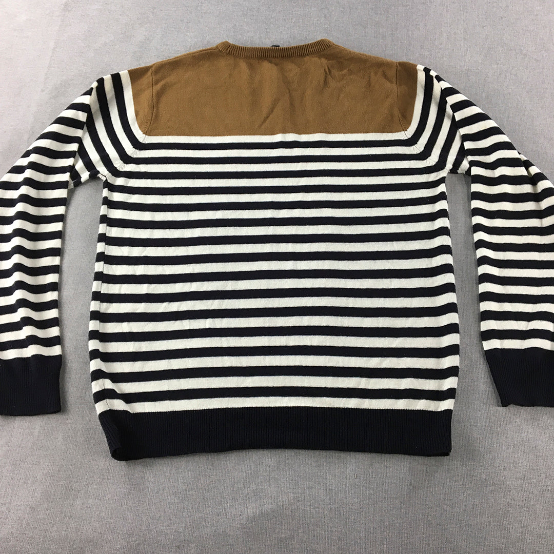 Cedar Wood State Mens Knit Sweater Size L White Black Striped Crew Neck Jumper