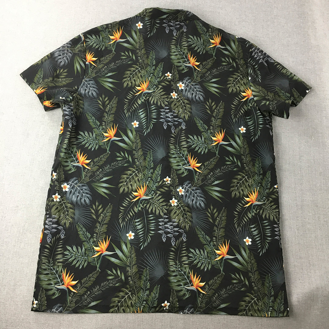 Boohoo Man Hawaiian Shirt Size L Black Green Palm Floral Short Sleeve Button-Up