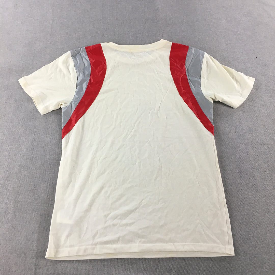 Asics Tiger Mens T-Shirt Size S White Red Faux Leather Panels Retro Logo