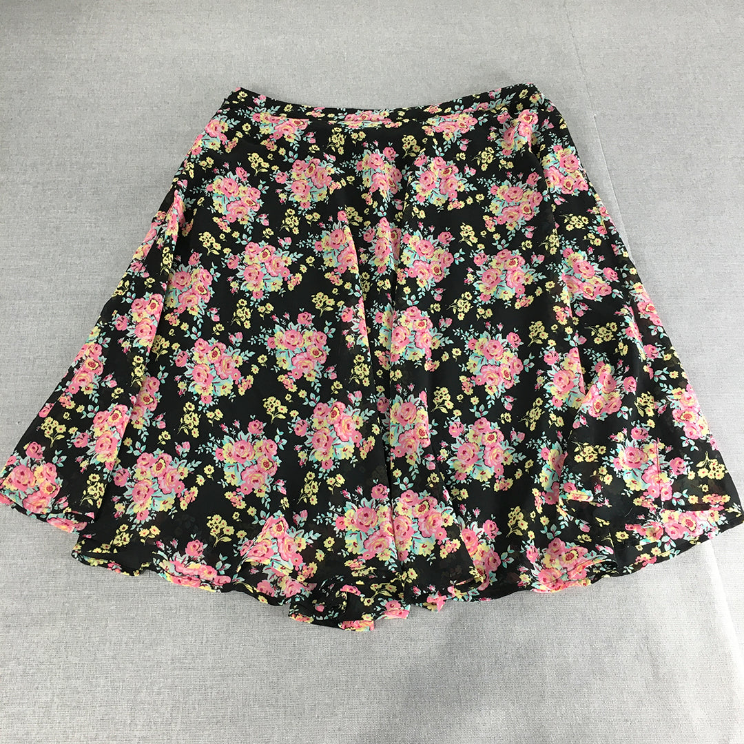 Honey Womens Skirt Size 34 (AU 12 - 14) Black Pink Floral A-Line