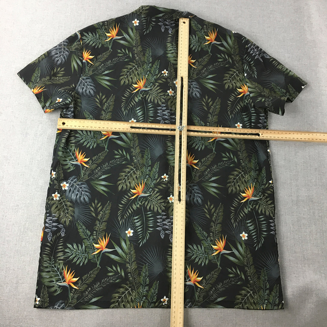 Boohoo Man Hawaiian Shirt Size L Black Green Palm Floral Short Sleeve Button-Up