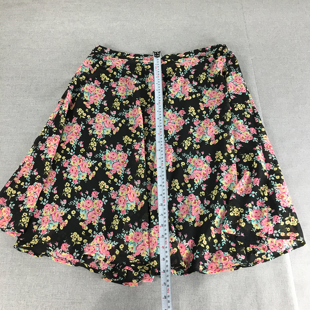 Honey Womens Skirt Size 34 (AU 12 - 14) Black Pink Floral A-Line