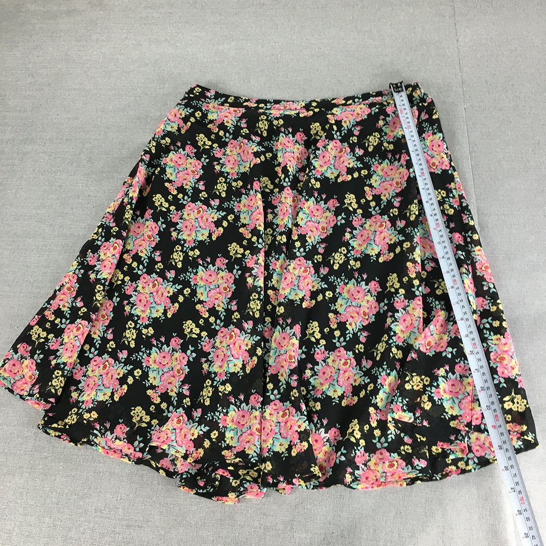 Honey Womens Skirt Size 34 (AU 12 - 14) Black Pink Floral A-Line