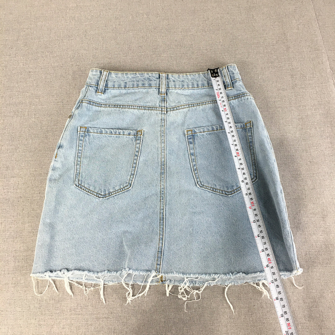 Miss Shop Womens Denim Mini Skirt Size 6 Light Blue Raw Hem Pockets