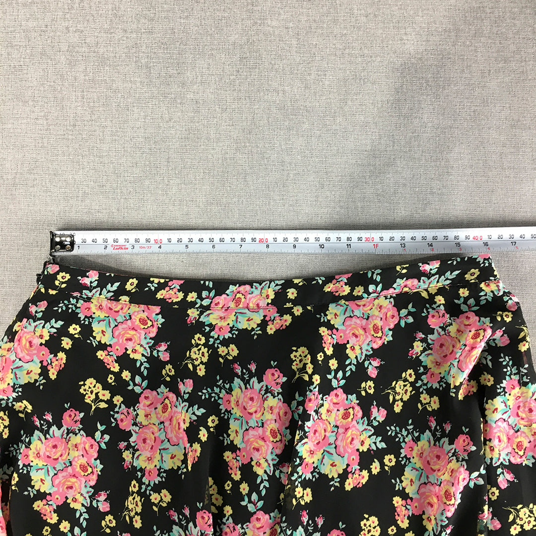 Honey Womens Skirt Size 34 (AU 12 - 14) Black Pink Floral A-Line