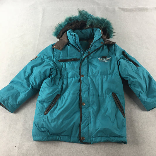 LBBJ Womens Parka Jacket Size L Blue Zip-Up Faux Fur Hood Windbreaker