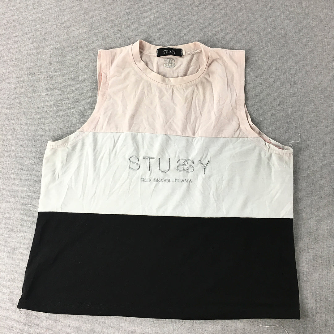 Stussy Womens Cropped Top Size L Pink White Black Embroidered Logo Shirt