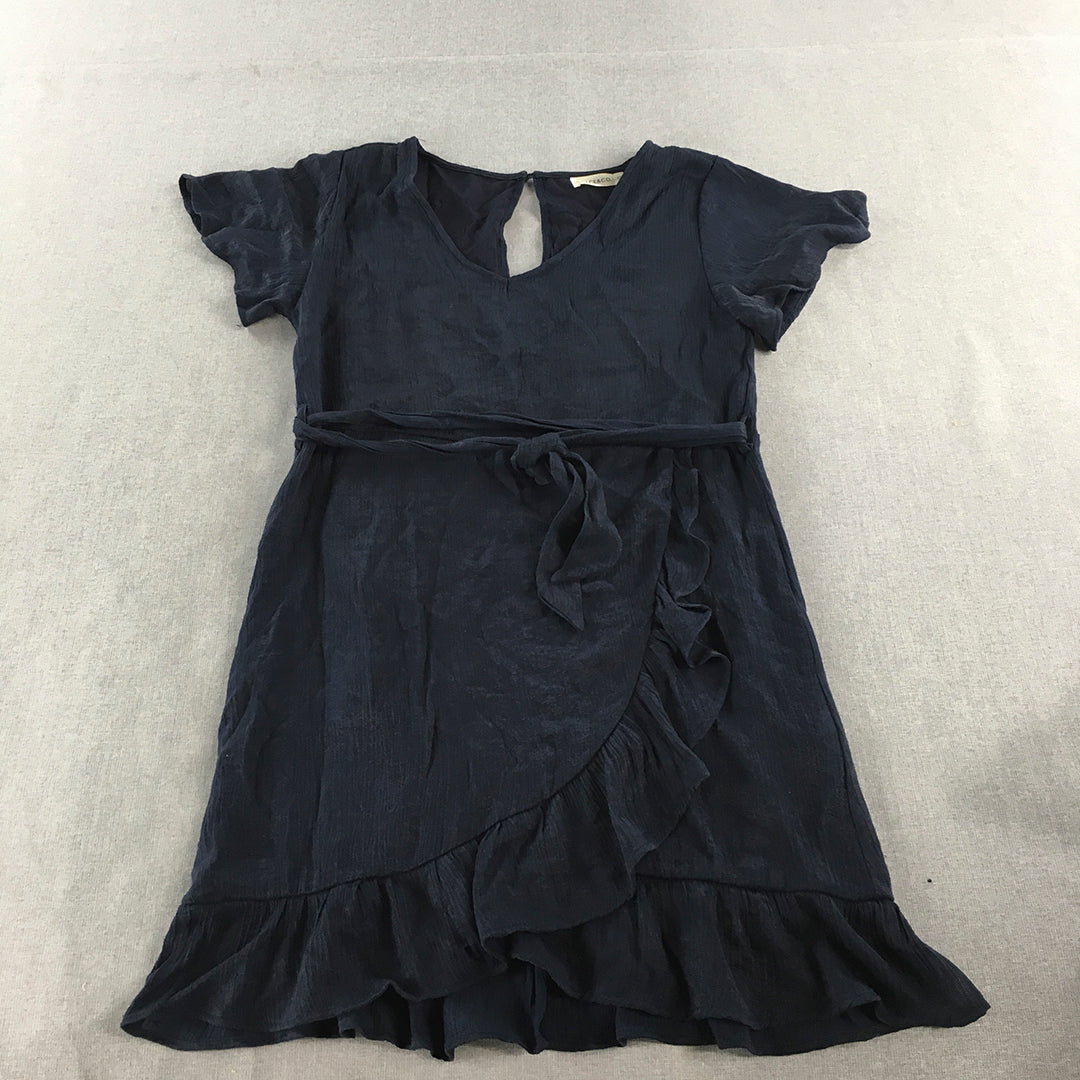 Grace & Co Womens Dress Size 12 Navy Blue Belted Short Sleeve Midi