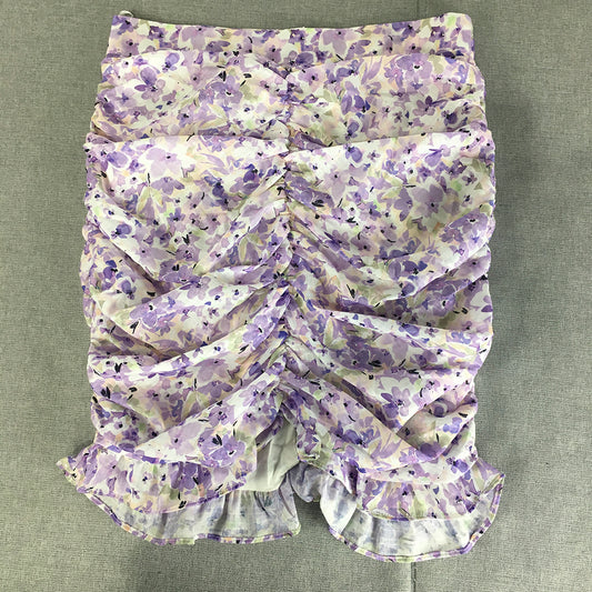 Runaway Heart Womens Ruched Mini Skirt Size 10 Purple White Floral