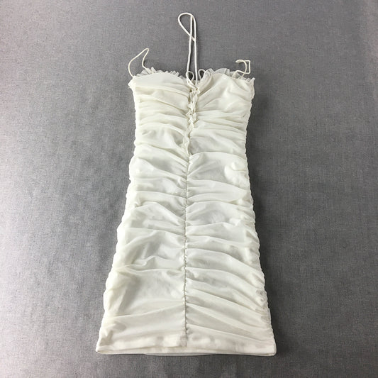 Rumor Womens Mini Dress Size 8 White Ruched Sleeveless Bodycon Stretch