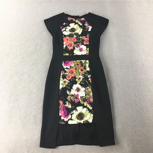 Boohoo Womens Pencil Dress Size 8 Black Floral Midi Short Sleeve