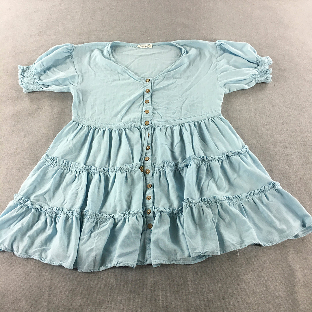 Little Coquille Womens Linen Mini Dress Size 8 Blue Fit & Flare Tiered