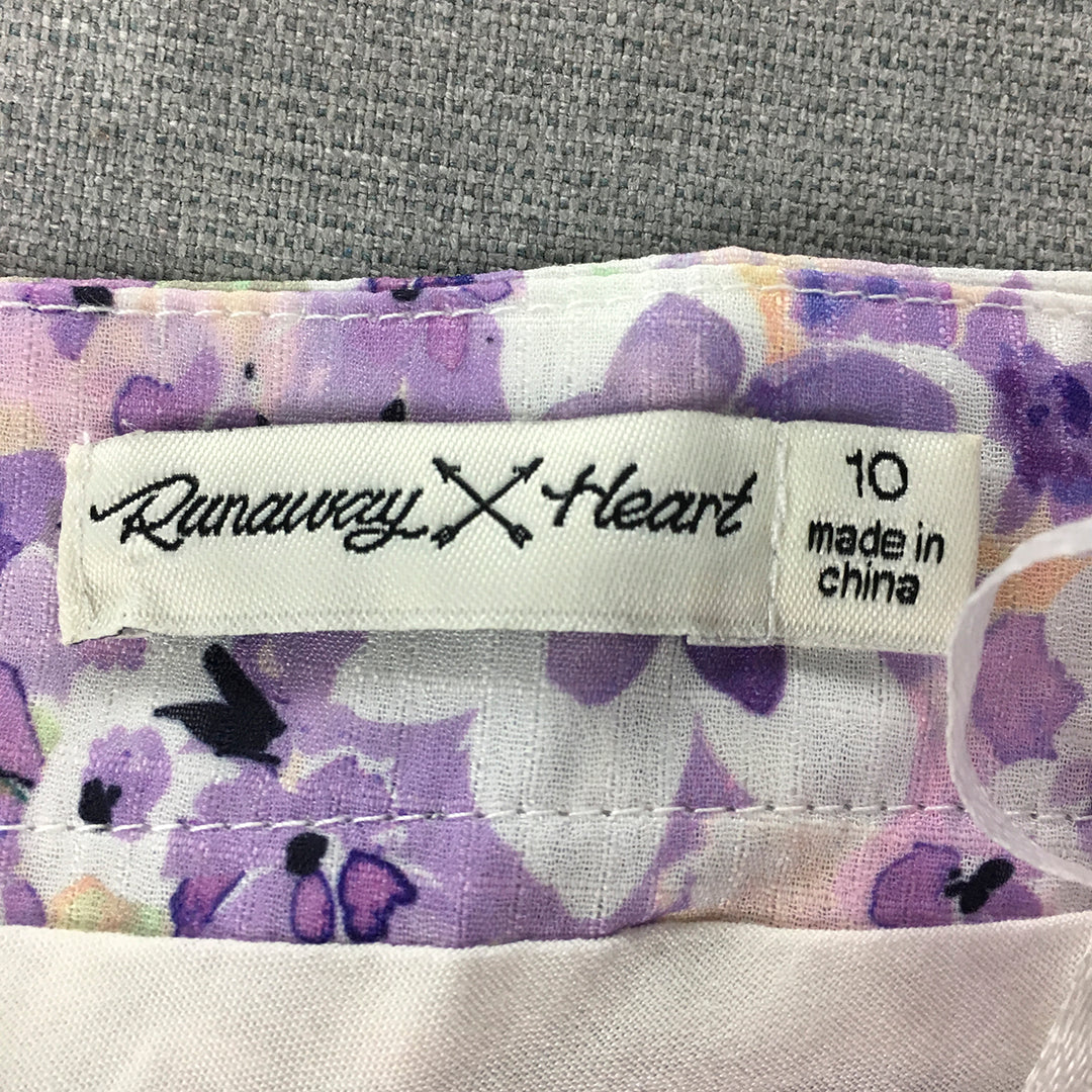 Runaway Heart Womens Ruched Mini Skirt Size 10 Purple White Floral