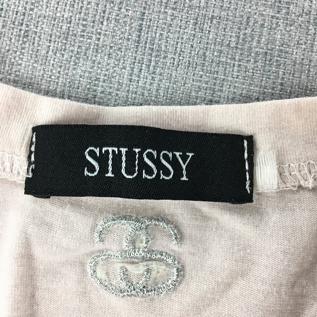 Stussy Womens Cropped Top Size L Pink White Black Embroidered Logo Shirt