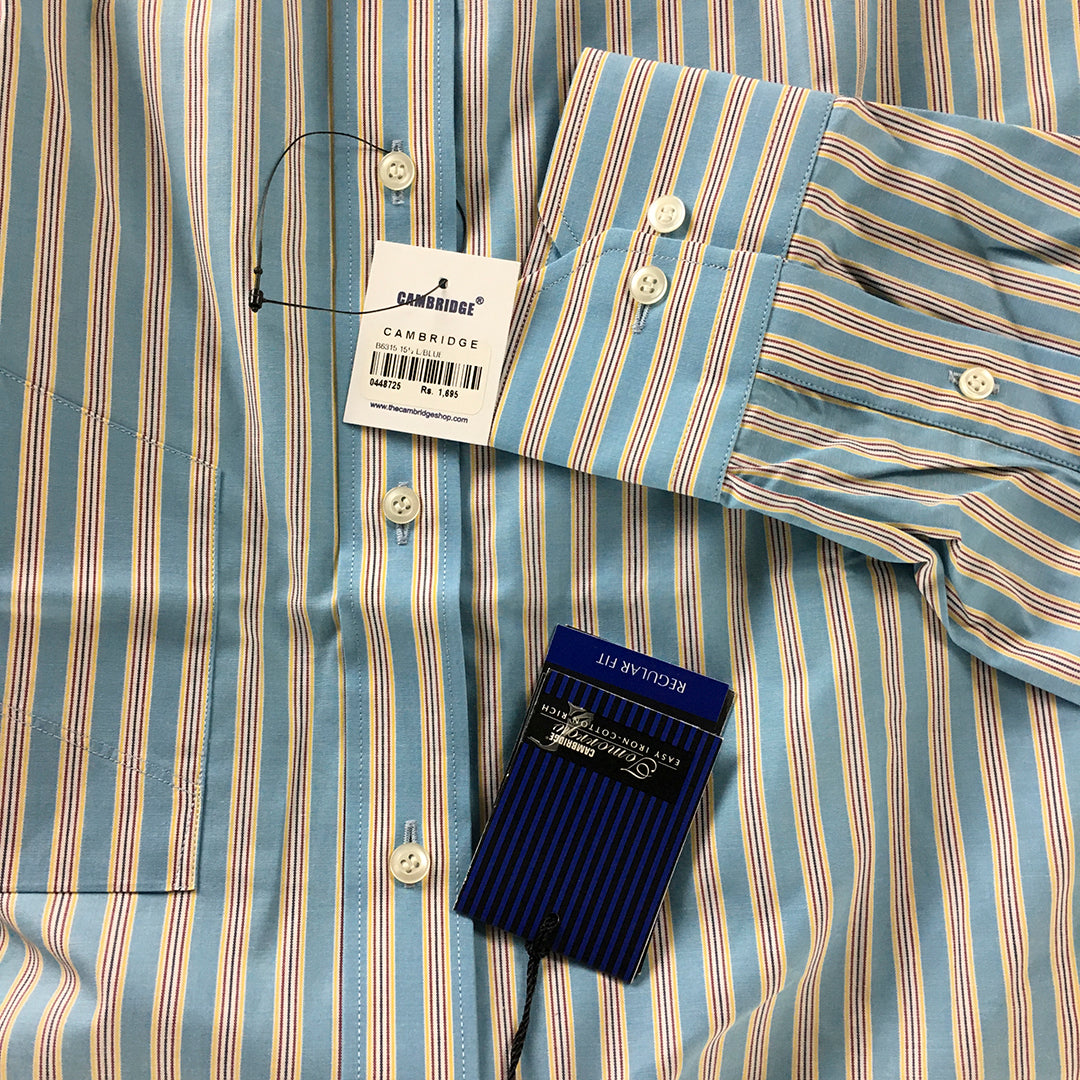 NEW Cambridge Mens Shirt Size S Blue Yellow Striped Button-Up Collared