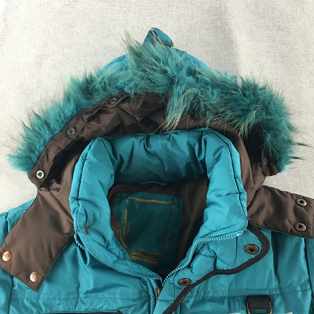 LBBJ Womens Parka Jacket Size L Blue Zip-Up Faux Fur Hood Windbreaker