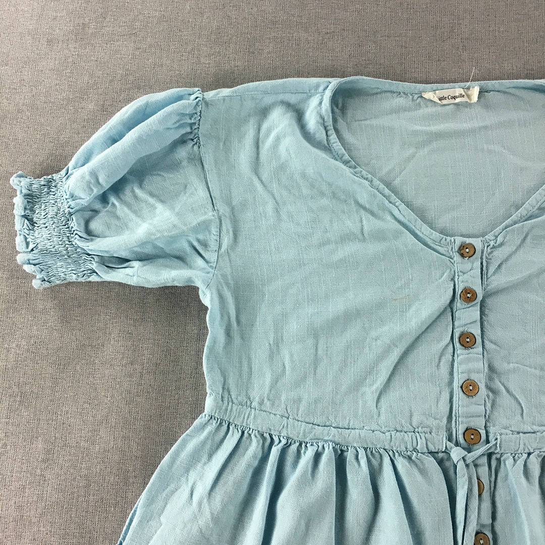 Little Coquille Womens Linen Mini Dress Size 8 Blue Fit & Flare Tiered