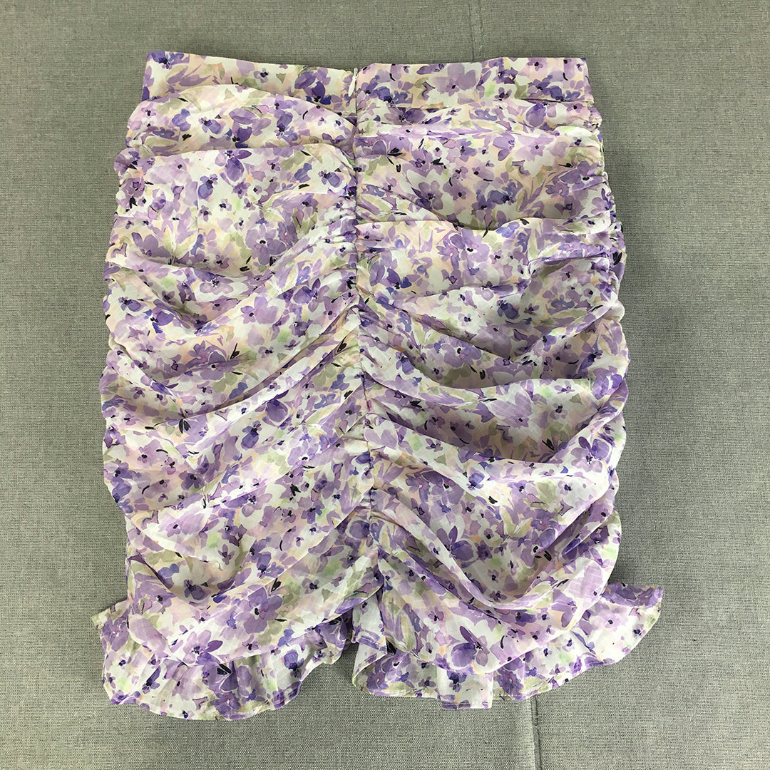 Runaway Heart Womens Ruched Mini Skirt Size 10 Purple White Floral