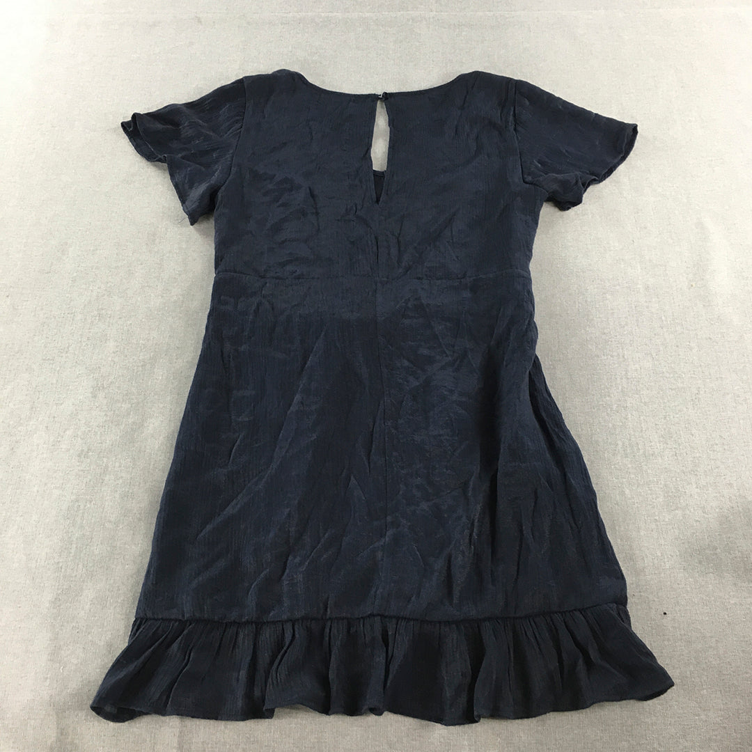 Grace & Co Womens Dress Size 12 Navy Blue Belted Short Sleeve Midi