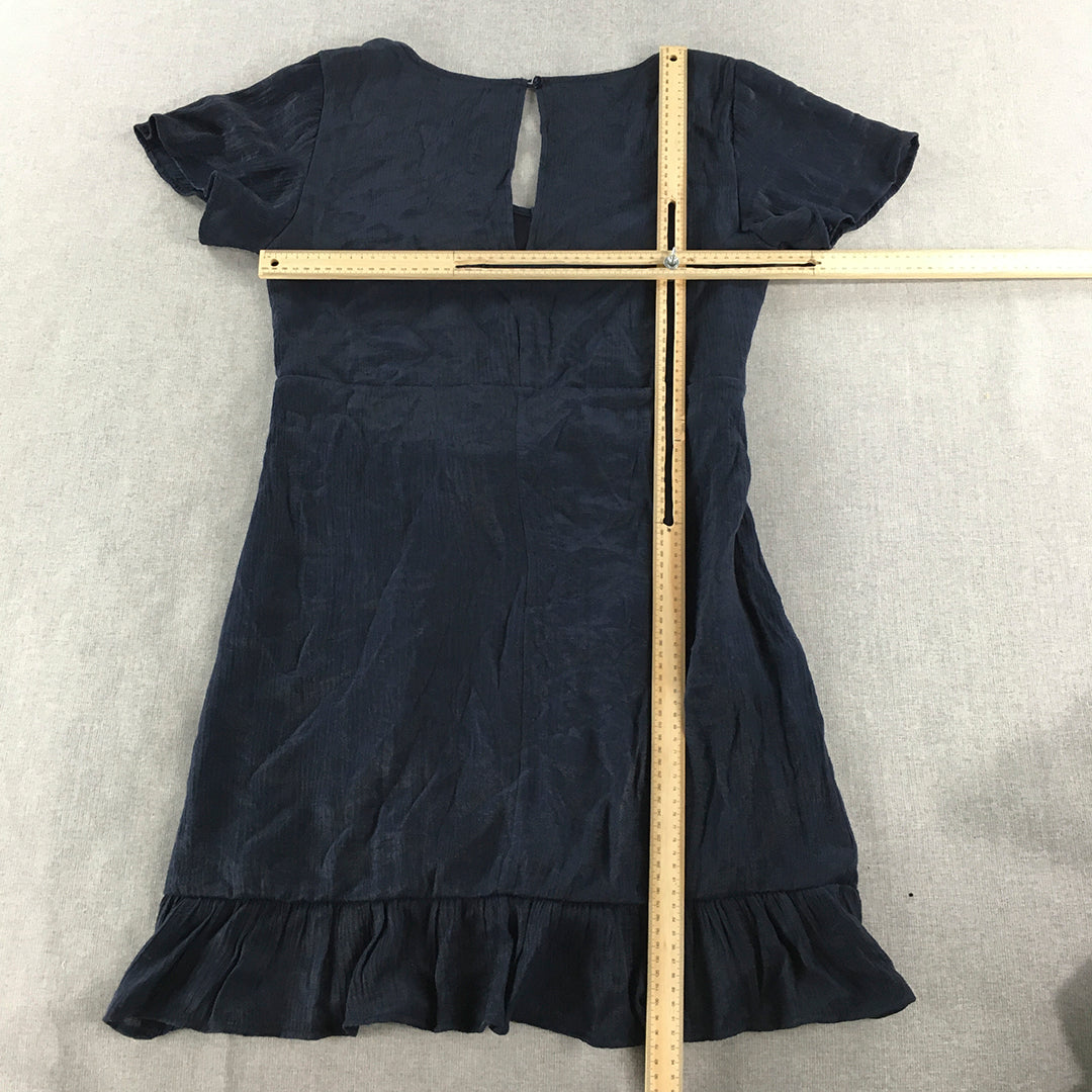 Grace & Co Womens Dress Size 12 Navy Blue Belted Short Sleeve Midi