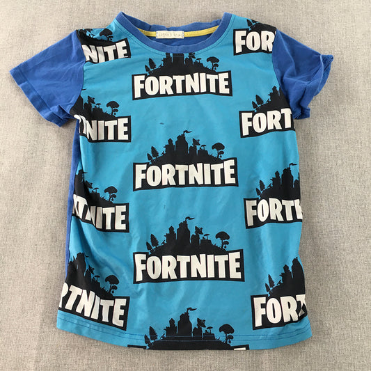 Fortnite Kids Boys T-Shirt Size 7 - 8 Years Blue Logo Pattern Short Sleeve Top