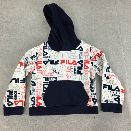 FILA Kids Boys Hoodie Sweater Size 4 Blue White Logo Pattern Jumper