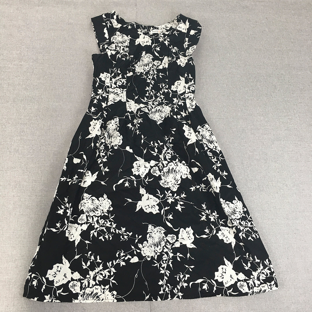 Sunny Girl Womens Dress Size 8 Black White Floral Fit Flare Midi Sleeveless