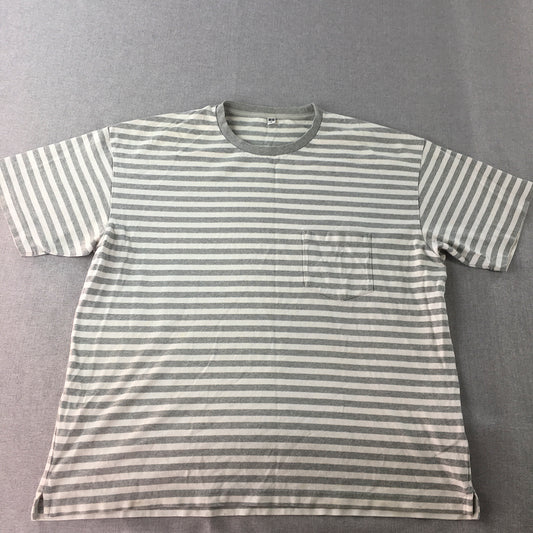 Uniqlo Mens T-Shirt Size XL Grey White Striped Short Sleeve Crew Neck Pocket