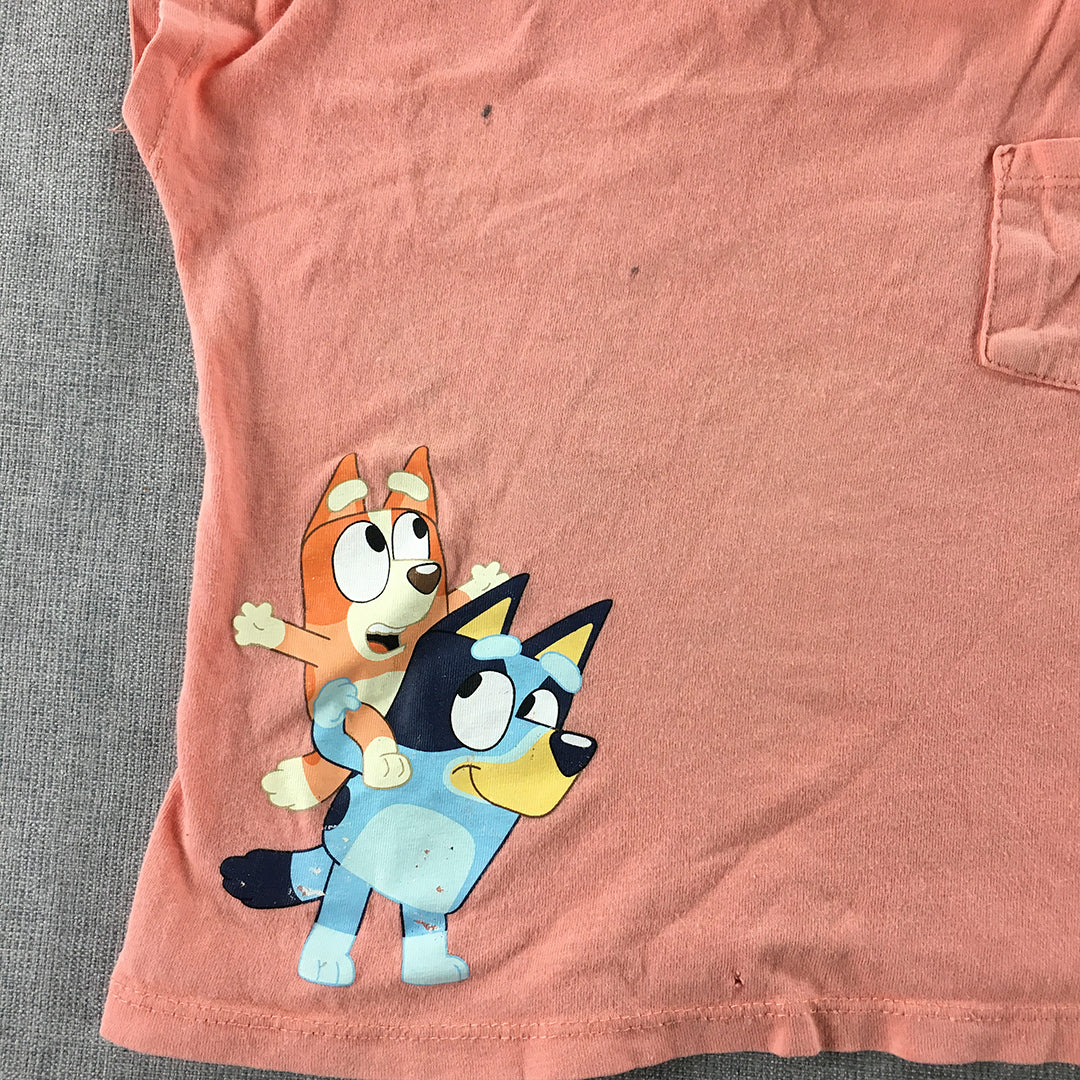 Bluey Kids Girls T-Shirt Size 4 Pink Pocket Short Sleeve Top