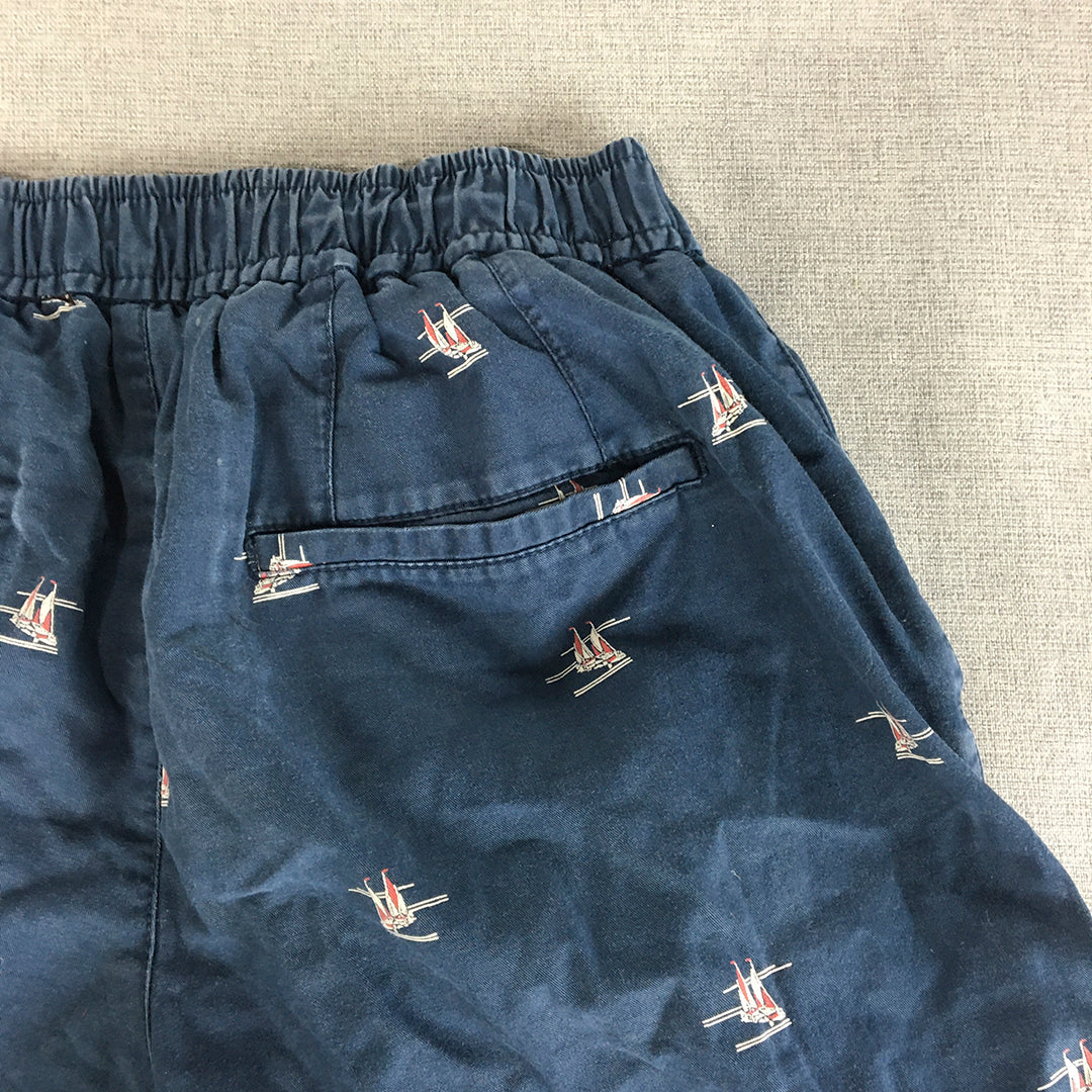 Mast & Harbour Mens Chino Shorts Size 30 Blue Boat Pattern Elastic Waist