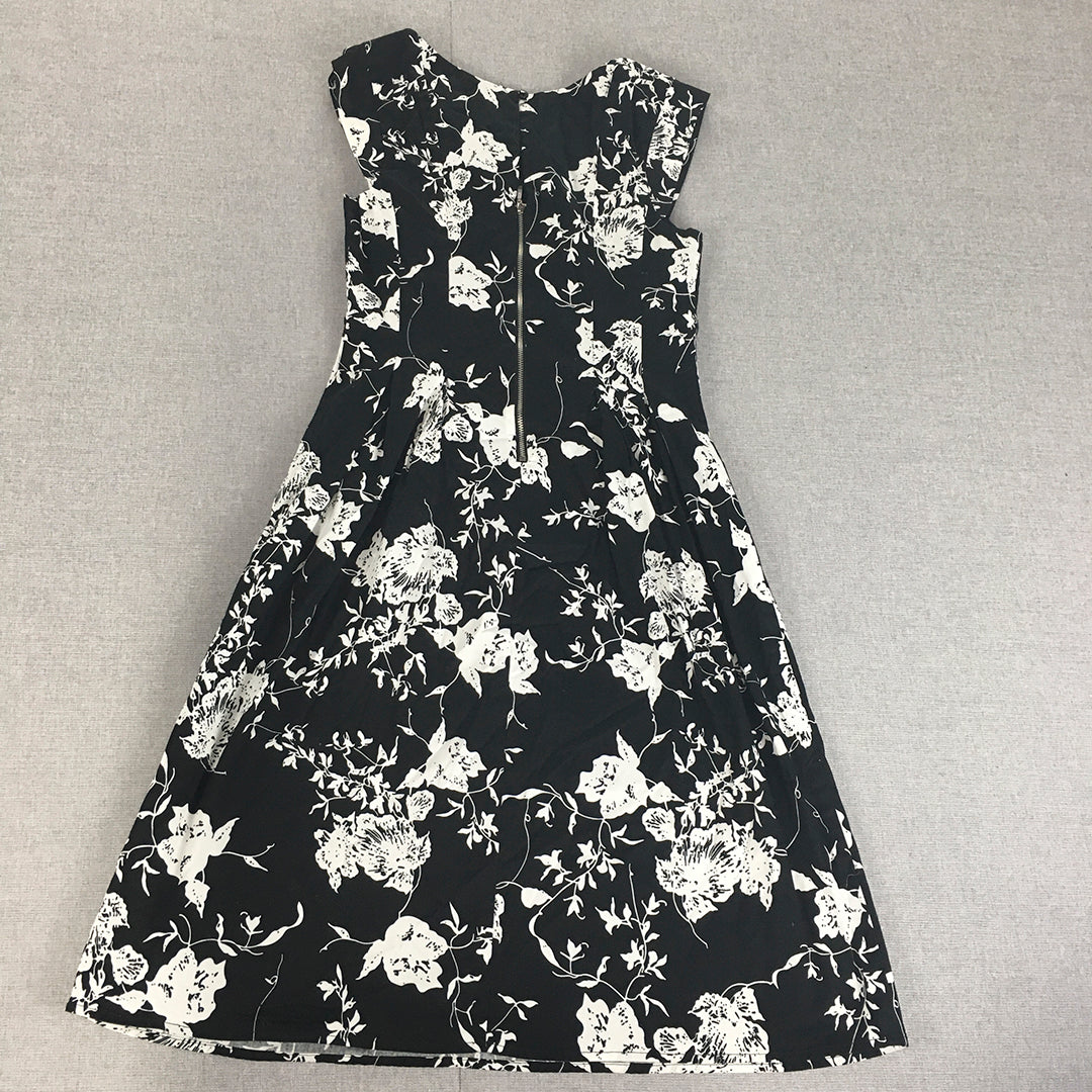 Sunny Girl Womens Dress Size 8 Black White Floral Fit Flare Midi Sleeveless