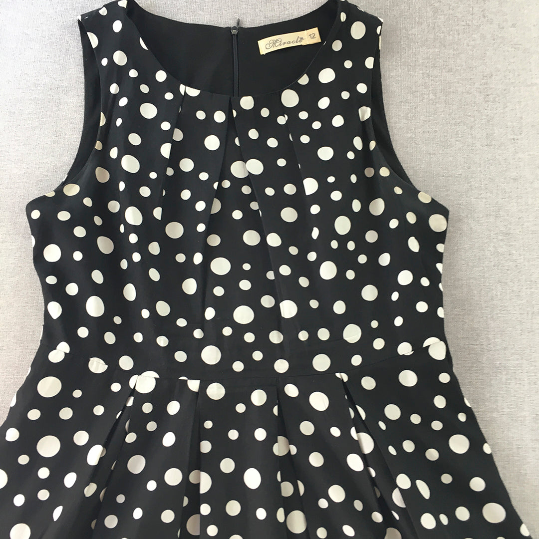 Miracle Womens A-Line Dress Size 12 Black Mini Polka Dot Pleated Sleeveless