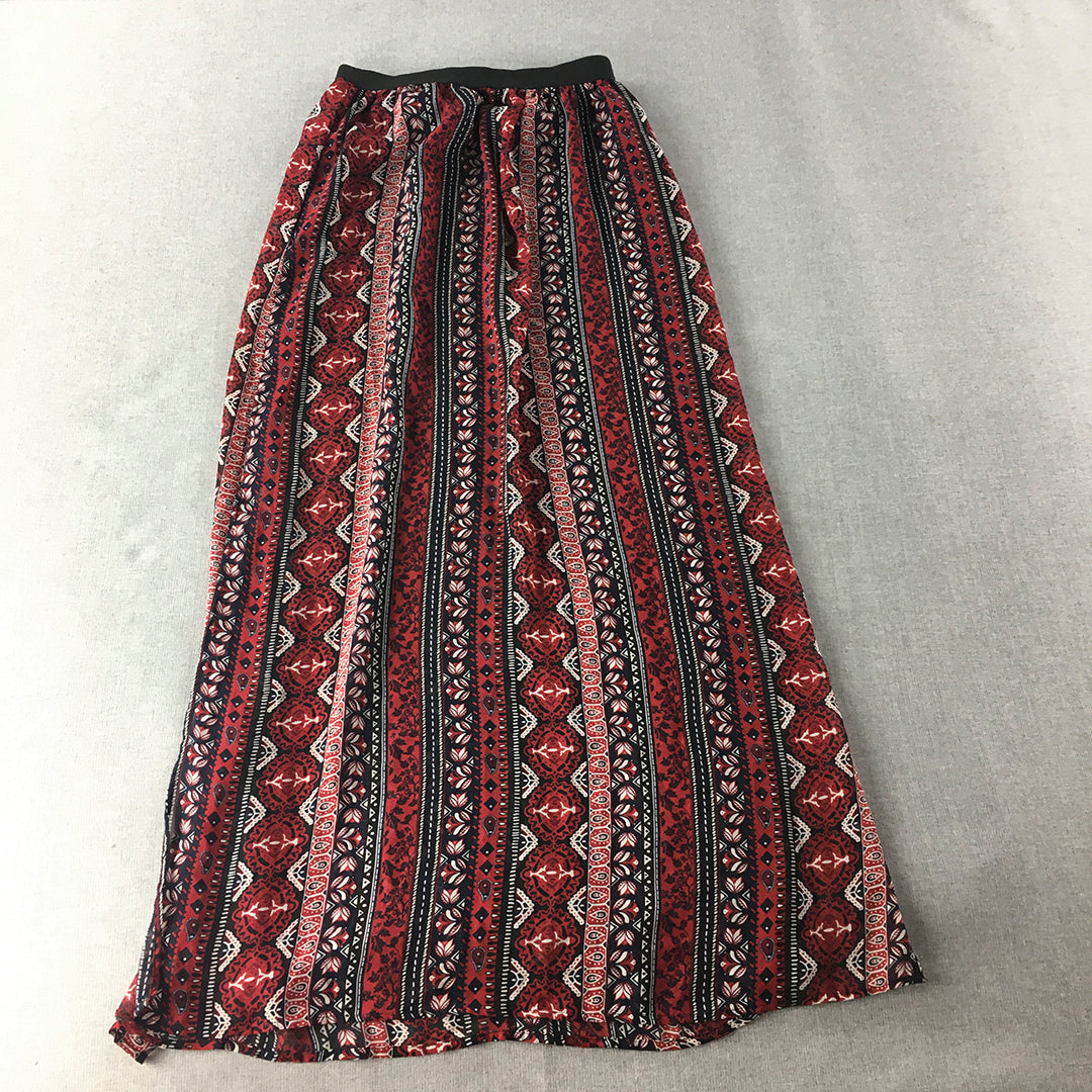 H&M Womens Maxi Skirt Size 6 Red Striped Floral Long Elastic Waist