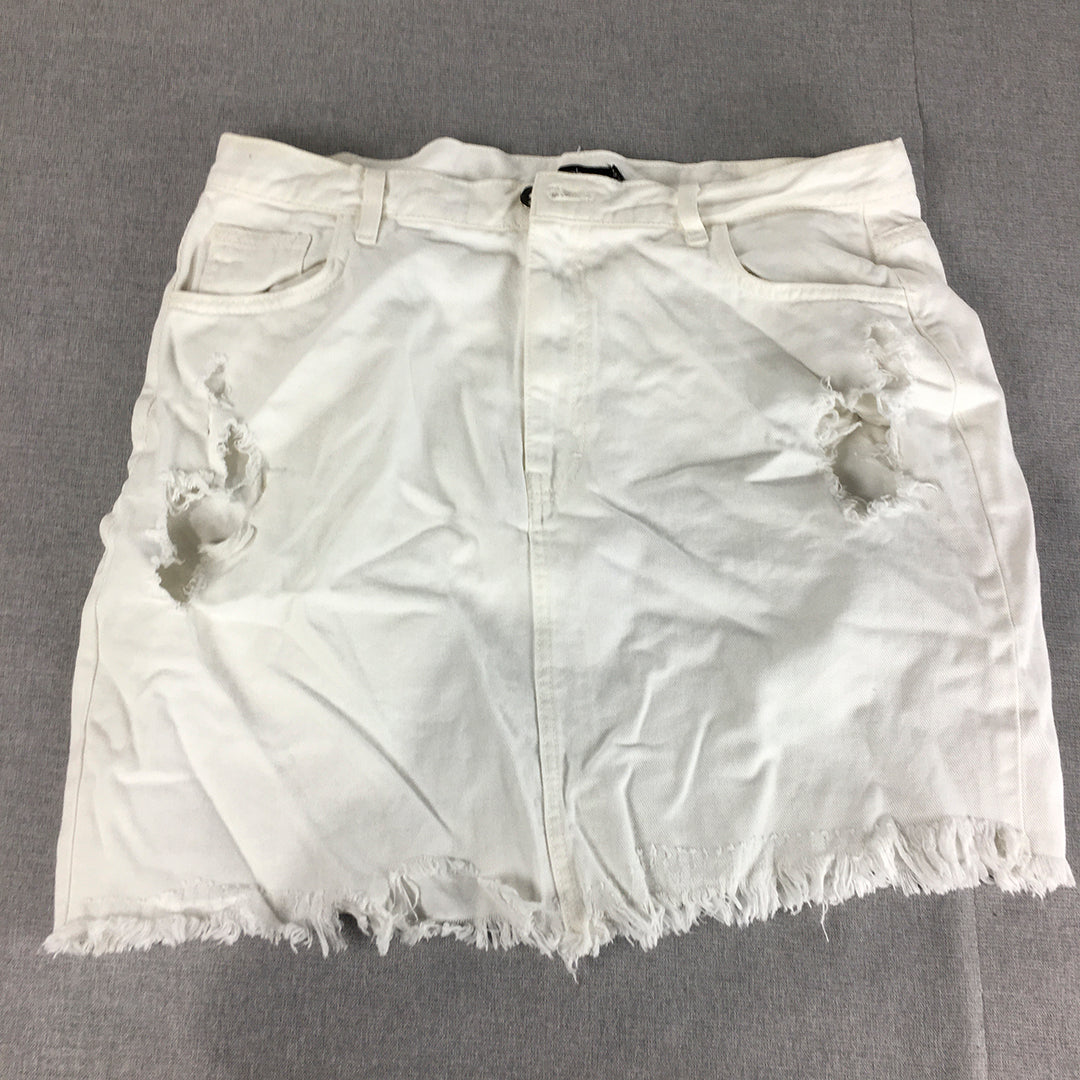 Boohoo Womens Denim Mini Skirt Size 16 White Ripped Raw Hem Pockets