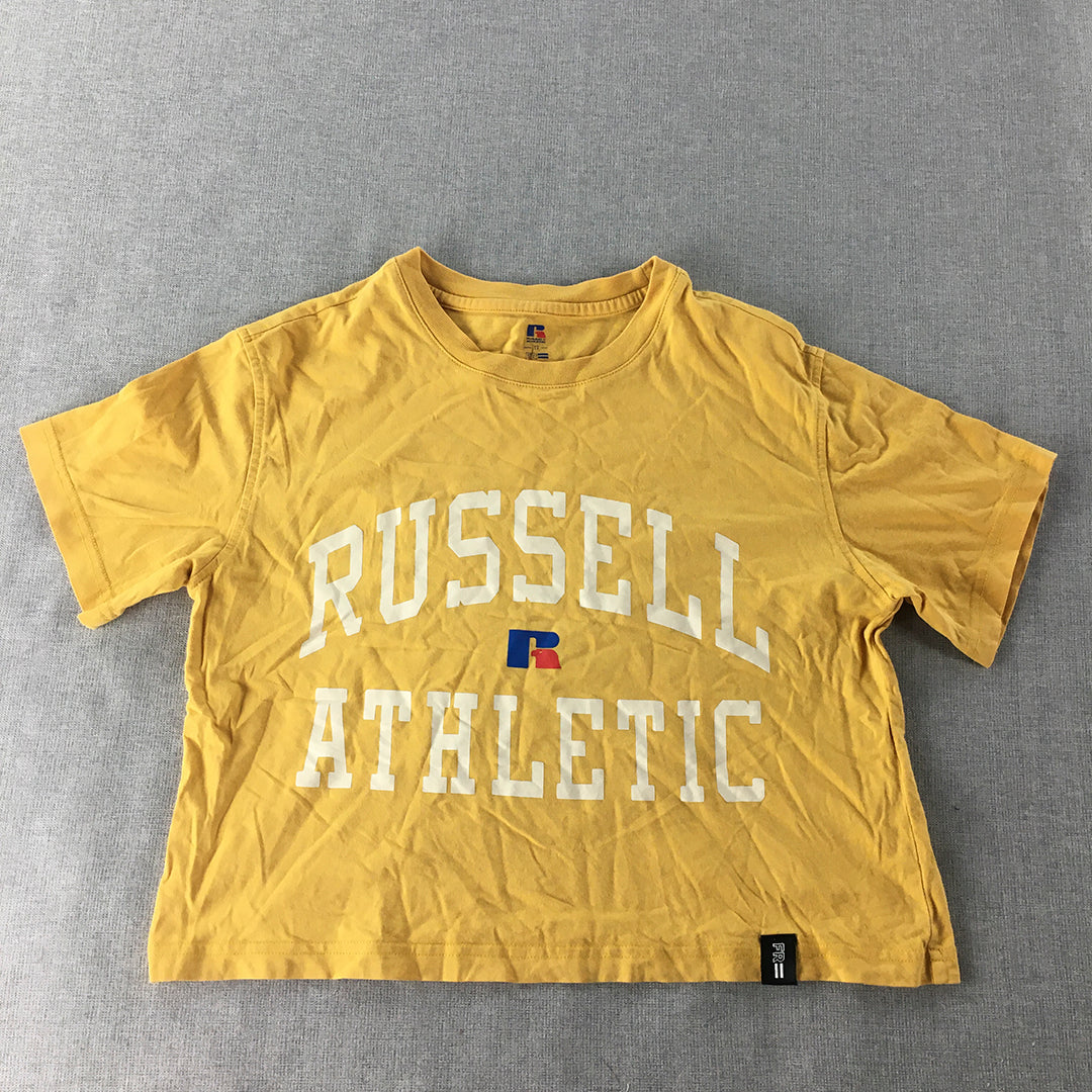 Russell Athletic Womens T-Shirt Size 10 Yellow Big Logo Cropped