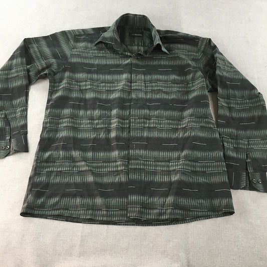 Koutons Mens Shirt Size L Black Green Striped Button-Up Long Sleeve