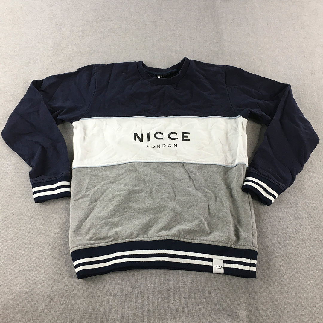 Nicce Mens Jumper Size M Blue White Logo Crew Neck Pullover Sweater