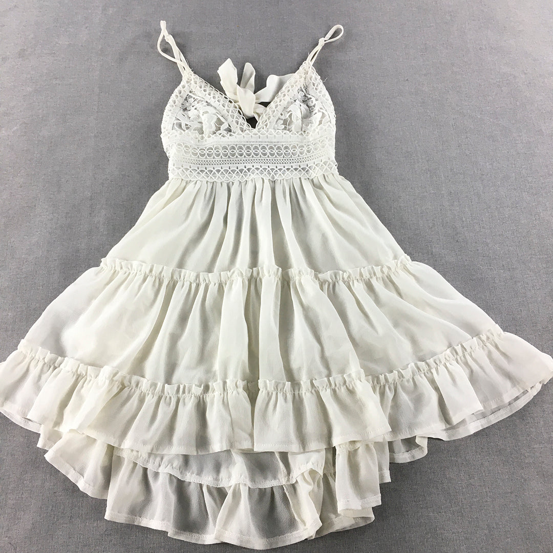 Morning Mist Womens Mini Dress Size 8 White Tiered Floral Lace Fit & Flare