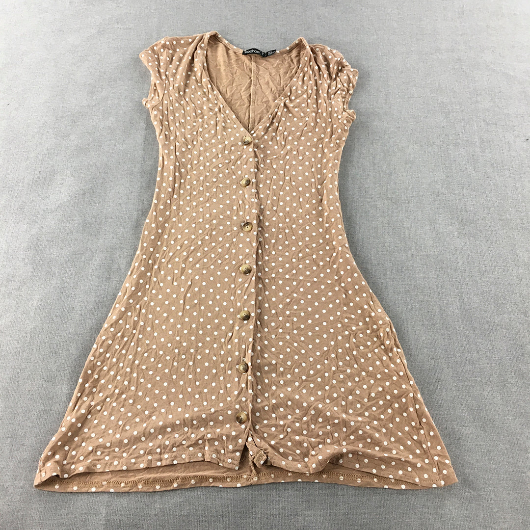 Boohoo Petite Womens Mini Dress Size 8 Brown Polka Dot Button Fit Flare