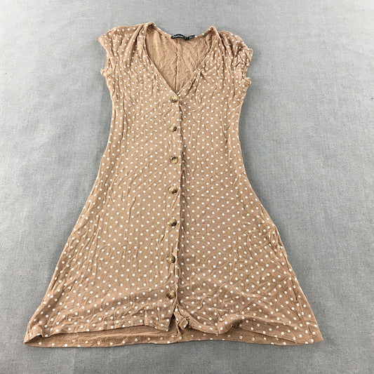 Boohoo Petite Womens Mini Dress Size 8 Brown Polka Dot Button Fit Flare