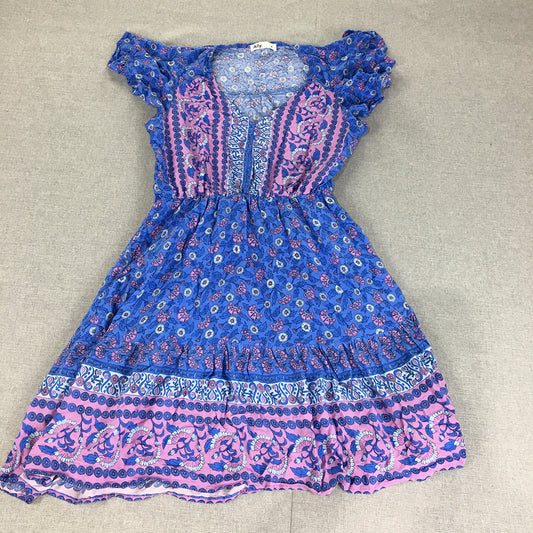 Ally Womens Mini Dress Size 10 Blue Purple Floral Fit & Flare Short Sleeve